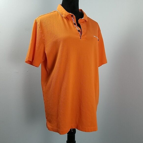 Visconti Black 1/4 Button Polo Shirt Mens XL Orange w/ Print Jacquard Interlock - Picture 2 of 7